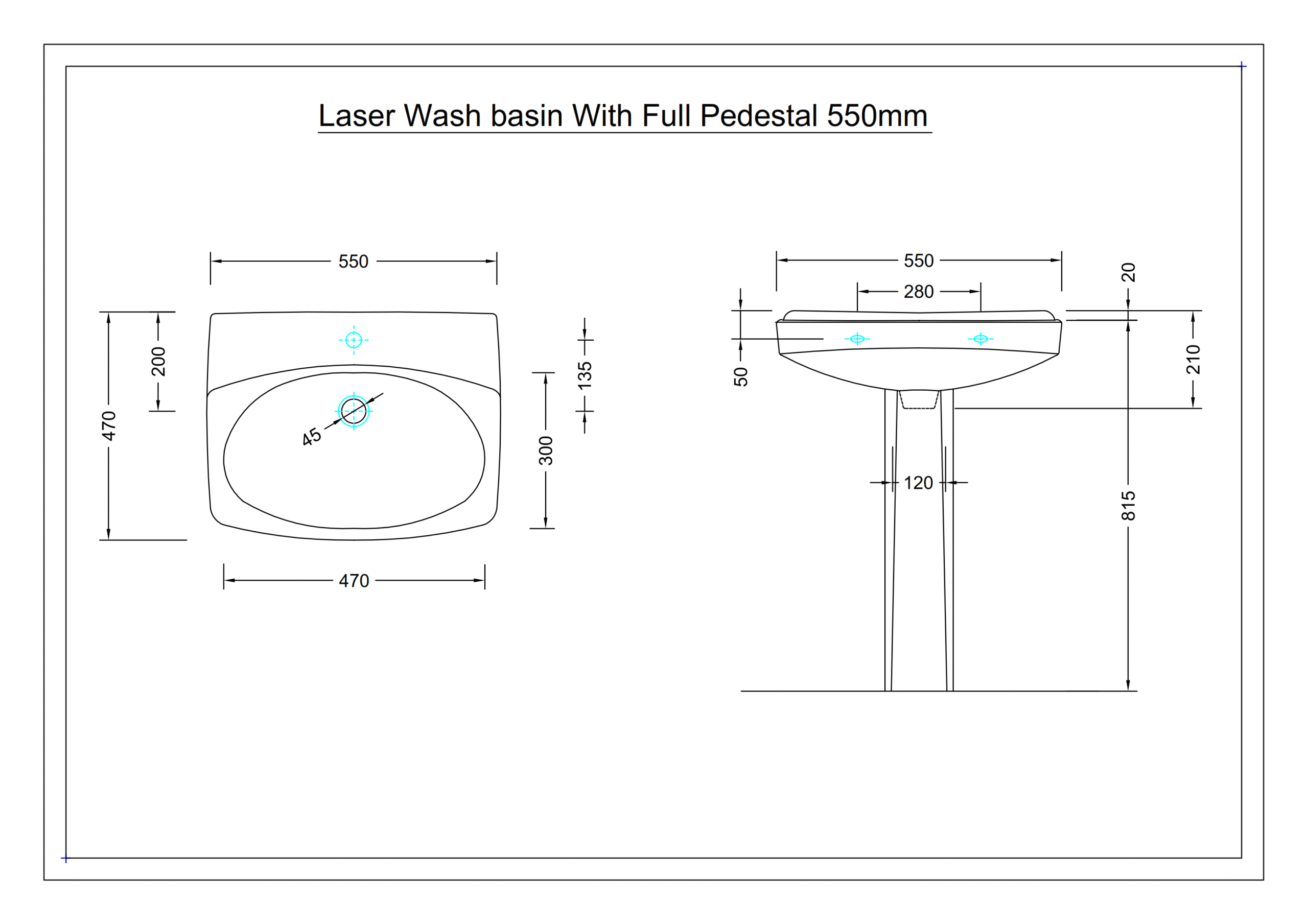 Laser wash Basin with full Pedestal 550mm_001 dimension section image