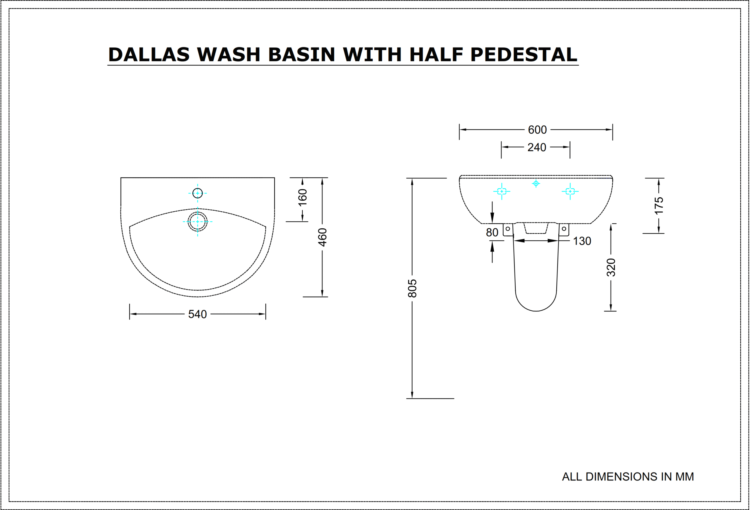Dallas Wash basin with Half Pedastal_001 dimension section image