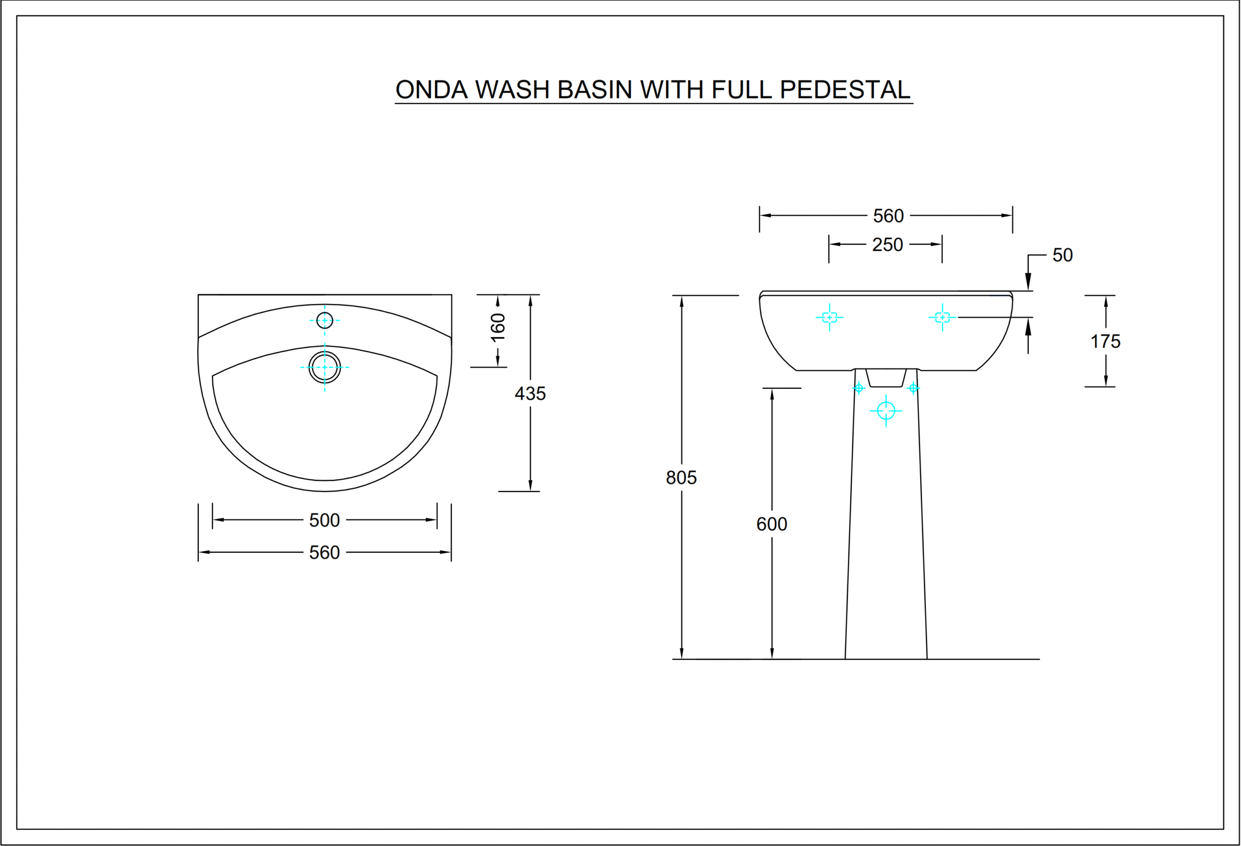 ECOPLUS ONDA wash basin with Full Pedestal_001 dimension section image
