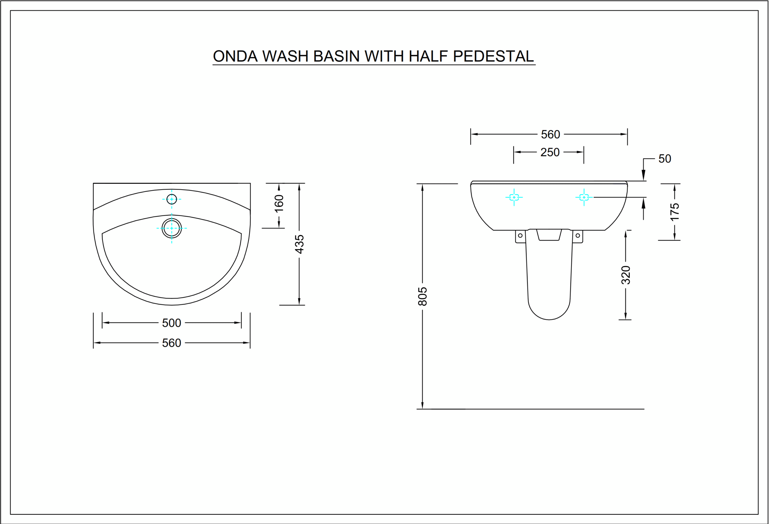 ECOPLUS ONDA wash basin with Half pedestal_001 dimension section image