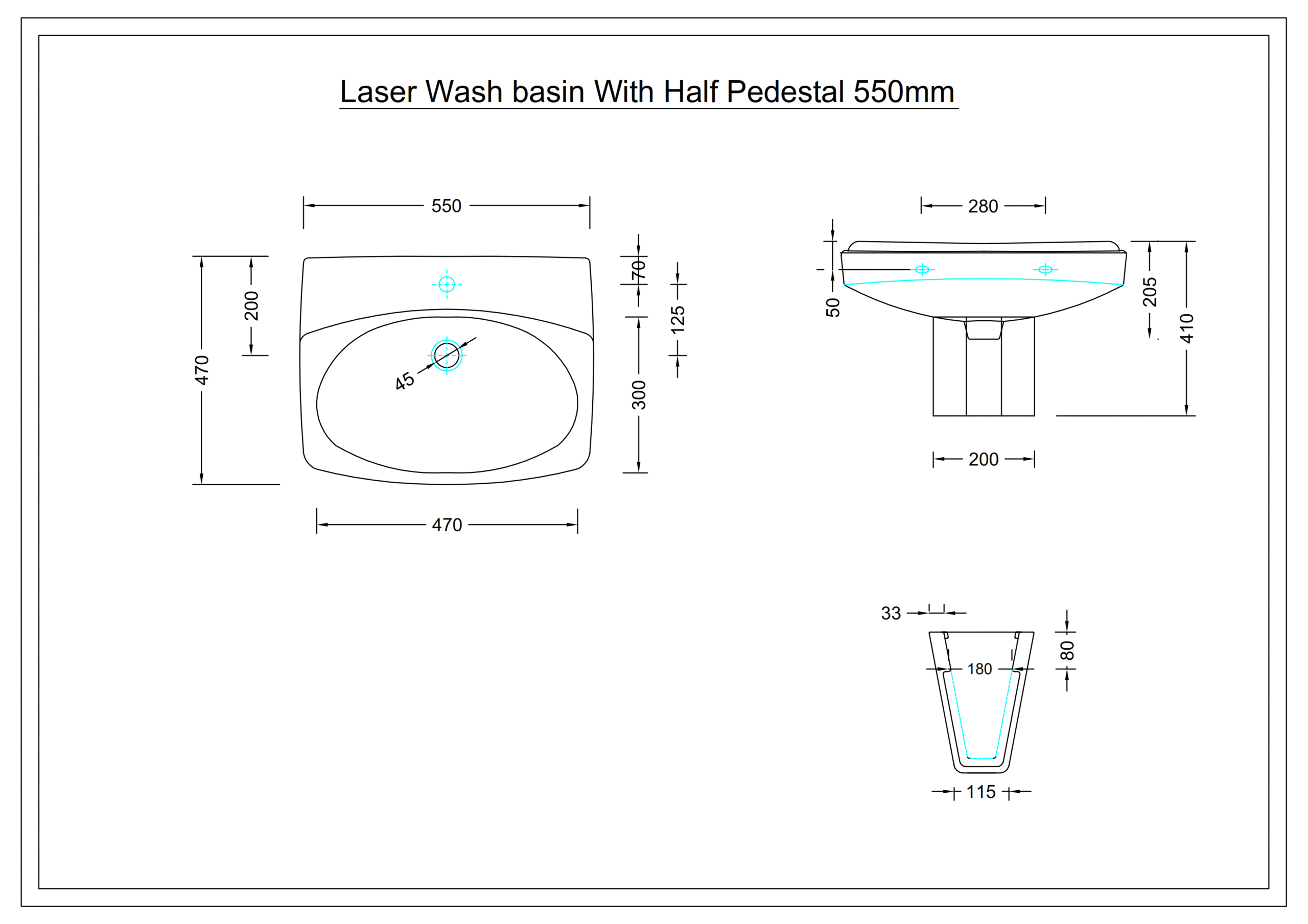 Laser Wash Basin with Half Pedestal 550mm_001 dimension section image